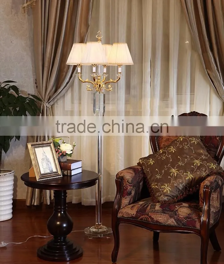 Four heads golden plated metal clear K9 crystal floor lamp with white color lampshade