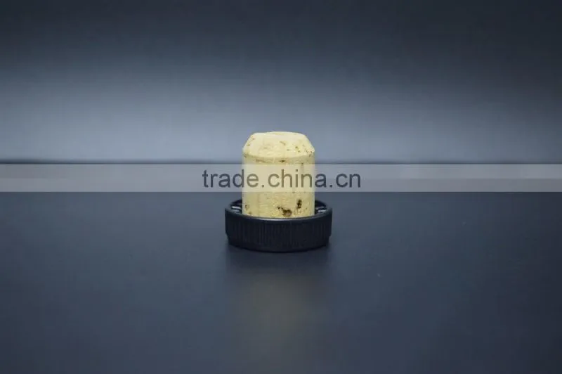 Black plastic cap with wood cork glass bottle T-shape stopper