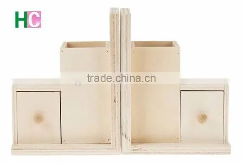 Hot sales new design unfinished wooden bookends with storage box