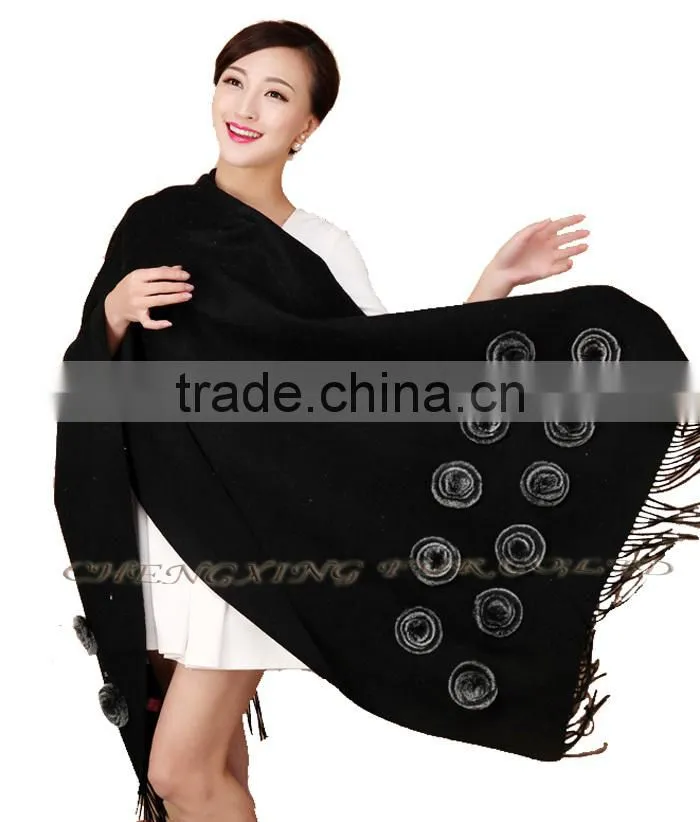 CX-B-P-36E Ladies Fashion Cashmere Shawl With Fur