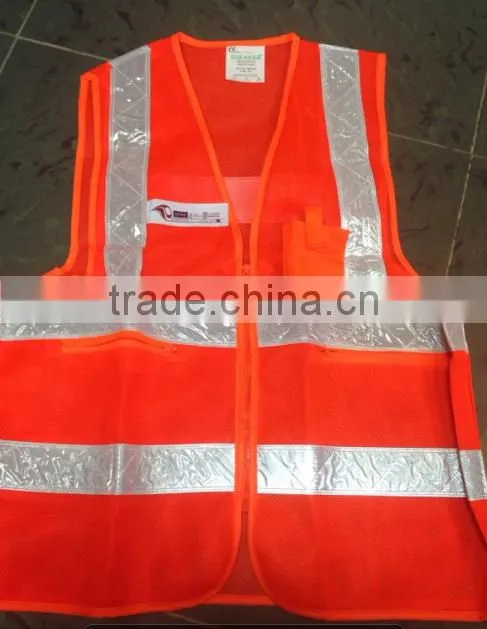 new design orange mesh reflective vest white ruban vest zipper vest