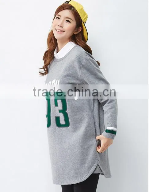 Female hemp grey long-sleeved straight front piece print dress