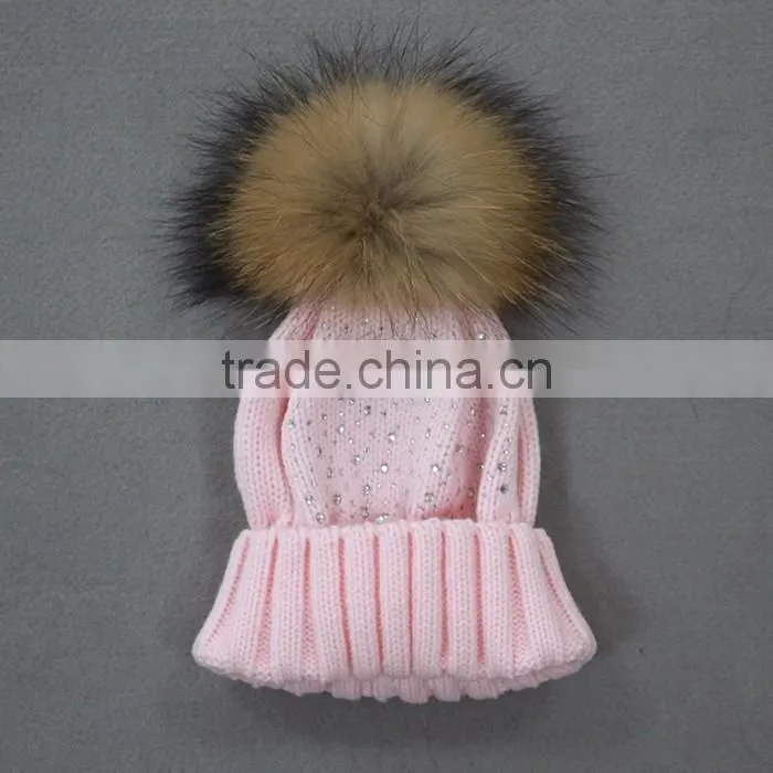 Myfur Baby Pink High Quality Wool Acrylic Knitting Hat and Cap with Raccoon Fur Ball Wholesale