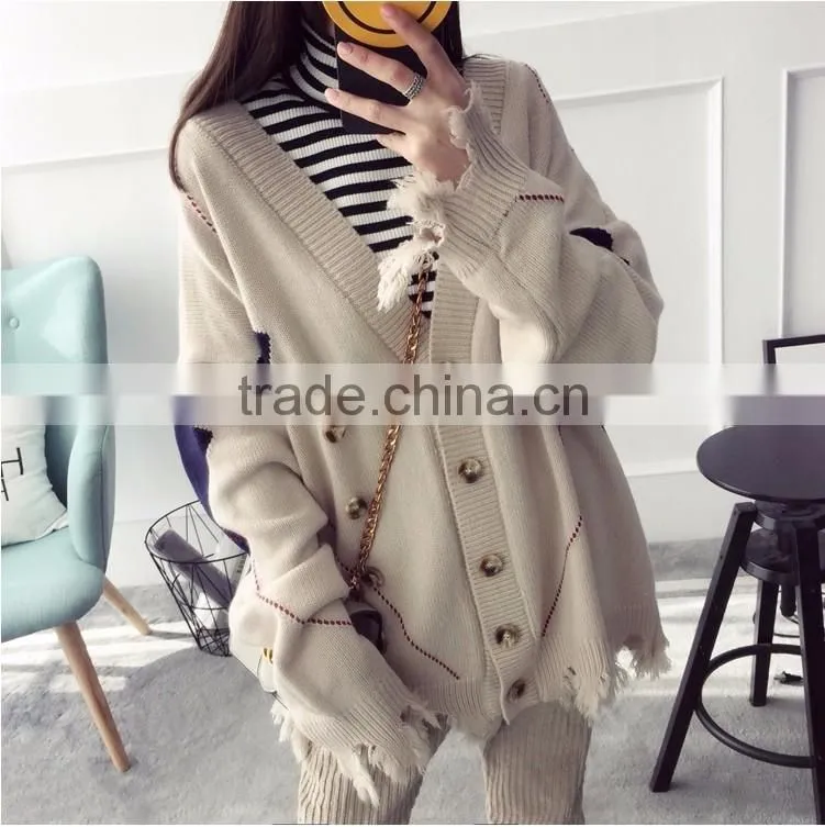 2017 new spring Korean sweater cardigan long loose Double-breasted tassels knit sweater