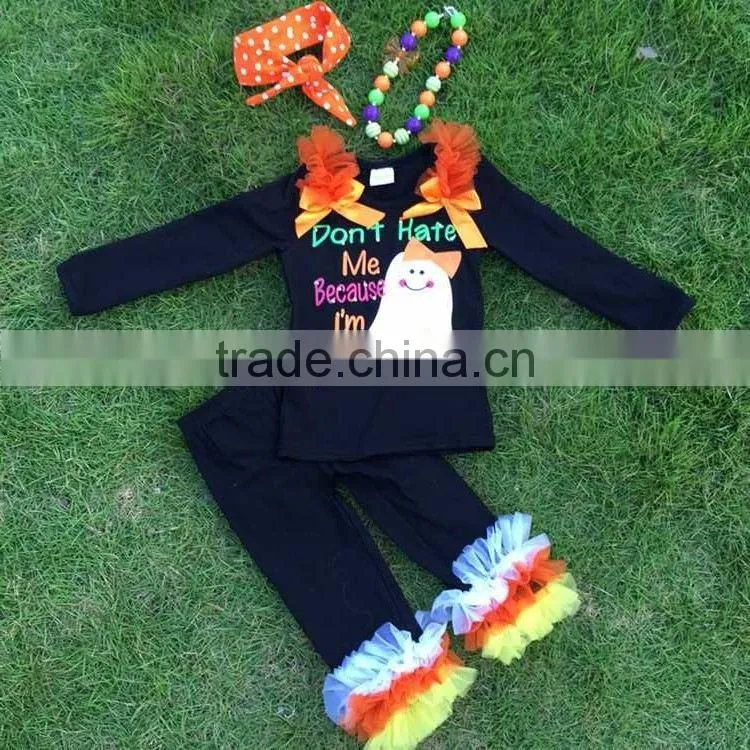The Halloween kids girls gost print OUTFITS ruffle pant sets girls boutique clothes kids sets with matching accessories