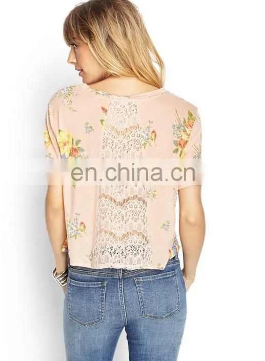 Custom Wholesale High Quality Fashion Body Fit Floral Lace T Shirt Women