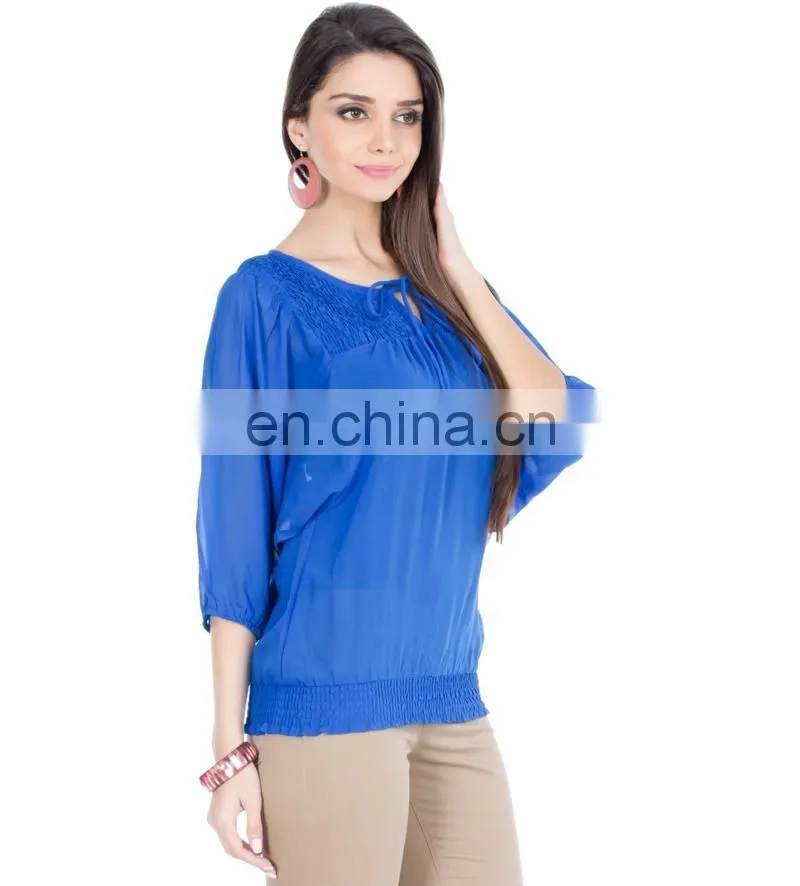 2015 Blue Top With Smocking And Tie-up women blue floral print tie-up top