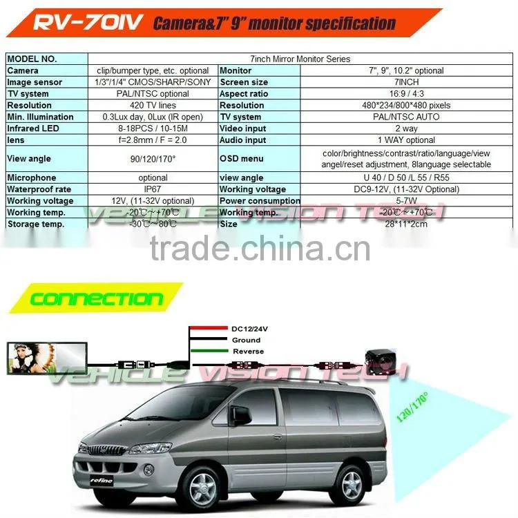 RV-701V Car Rear view monitor system with 7inch silver/blue glass monitor&night vision camera