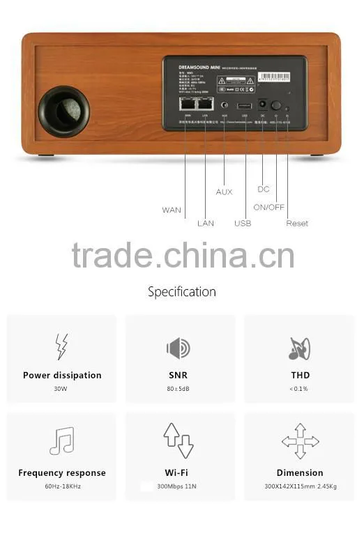 Wooden HiFi smart wifi speaker support DLNA, Airplay,MiMO,300M wifi for music pushing via APP