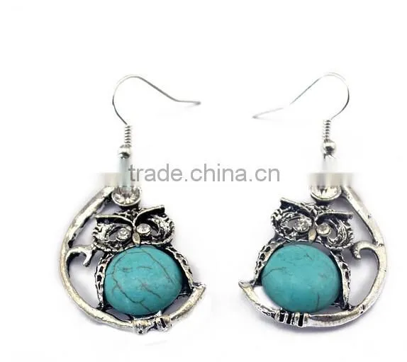 New Arrival Fashion Bohemia owl Silver Plated Turquoise Pendant Alloy Earrings