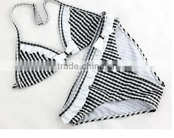 Girl Children Kid Bowknot Bikini Bowknot Check Strip Swimsuit Swimwear Beachwear