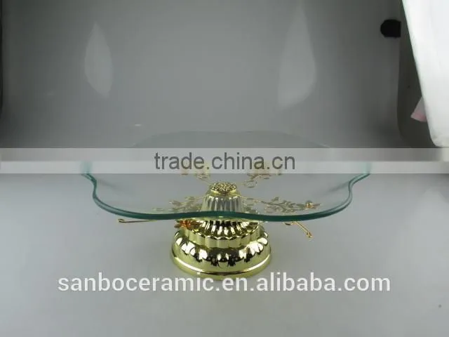 Wholesale Petal Shape Glass cake stands with Gloden Flower
