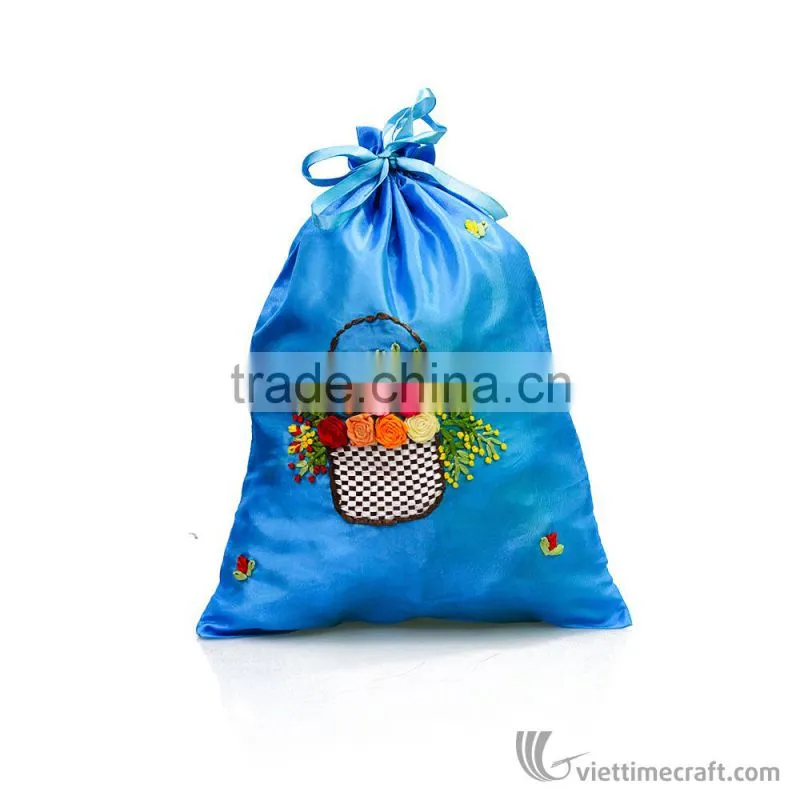 Hand embroidered bag with drawing string, elegant designs, various colors to choose