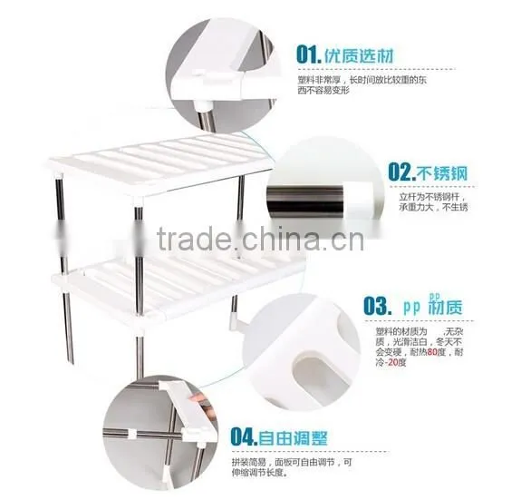 Kitchen telescopic plastic sink storage shelf rack/stainless steel kitchen storage rack