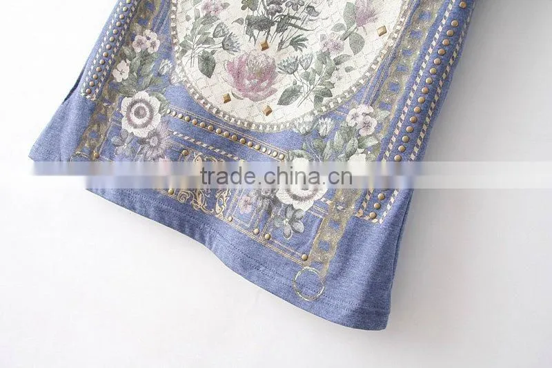 spring Summer New Fashion Women T Shirt Royal Wind Flower Print O-Neck Short-Sleeve Roll Up Hem Cotton T-Shirts clothing