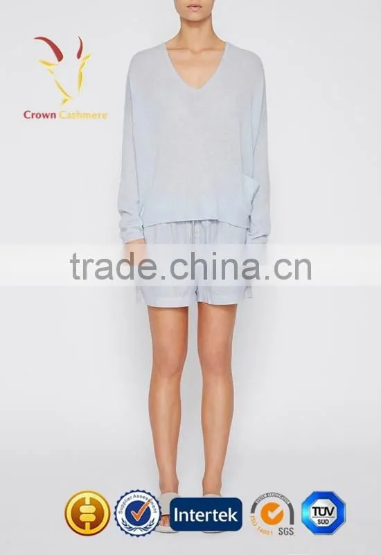Ladies Deep V Neck Light Blue Cashmere Pullover Sweater