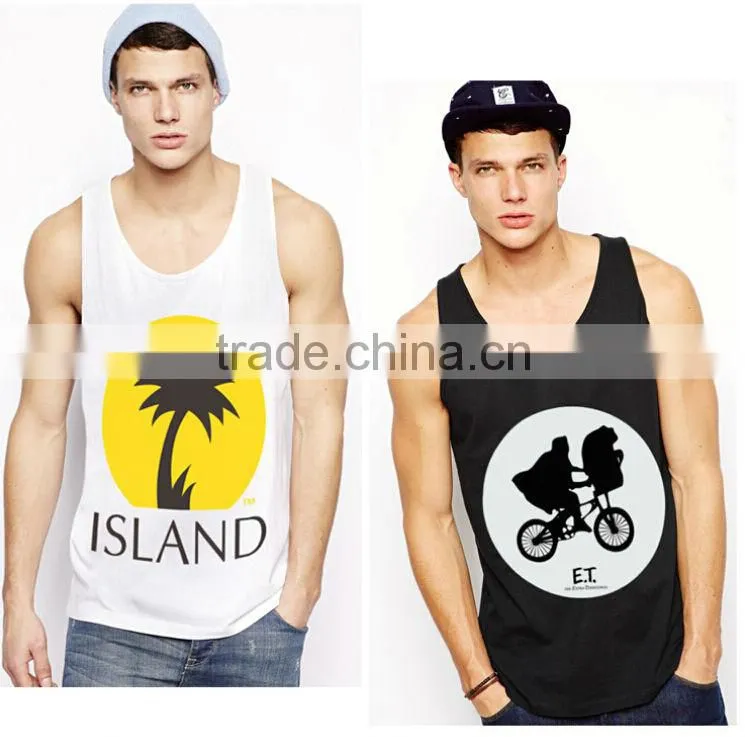 fashion style men's black white 100% cotton polyester singlet with water print