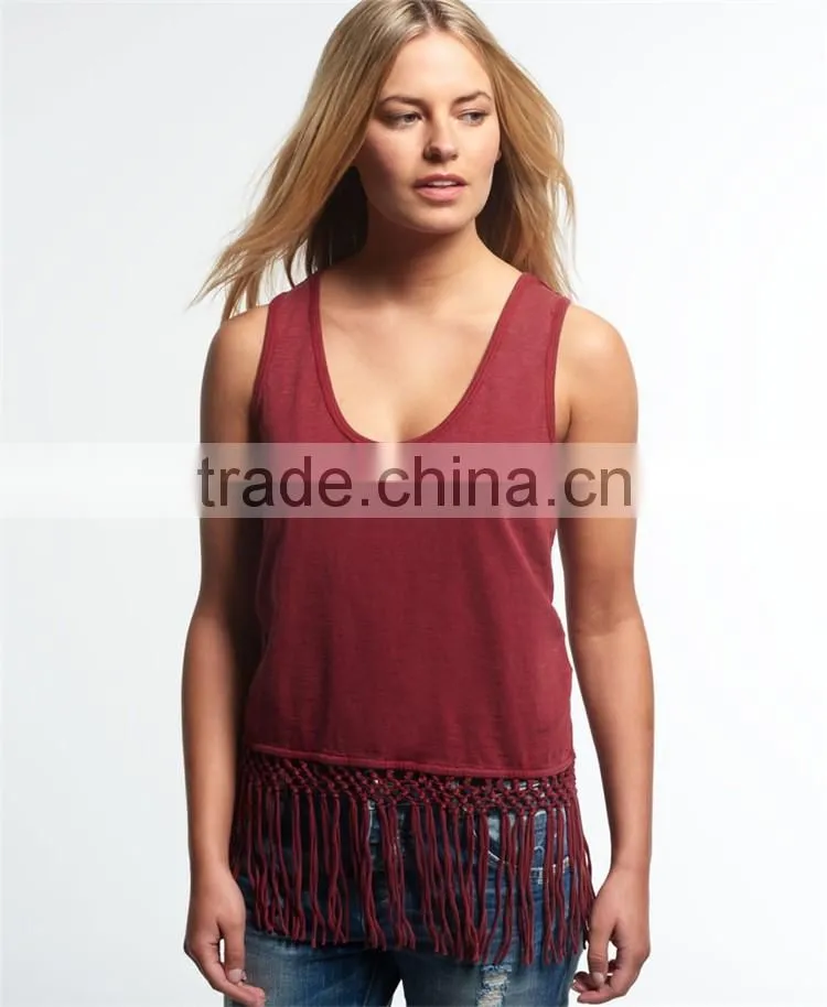 2016 Guangzhou Shandao Fashion Design Summer Casual Sleeveless Tassels Bottom Round Neck White Cotton New Style Top For Girls