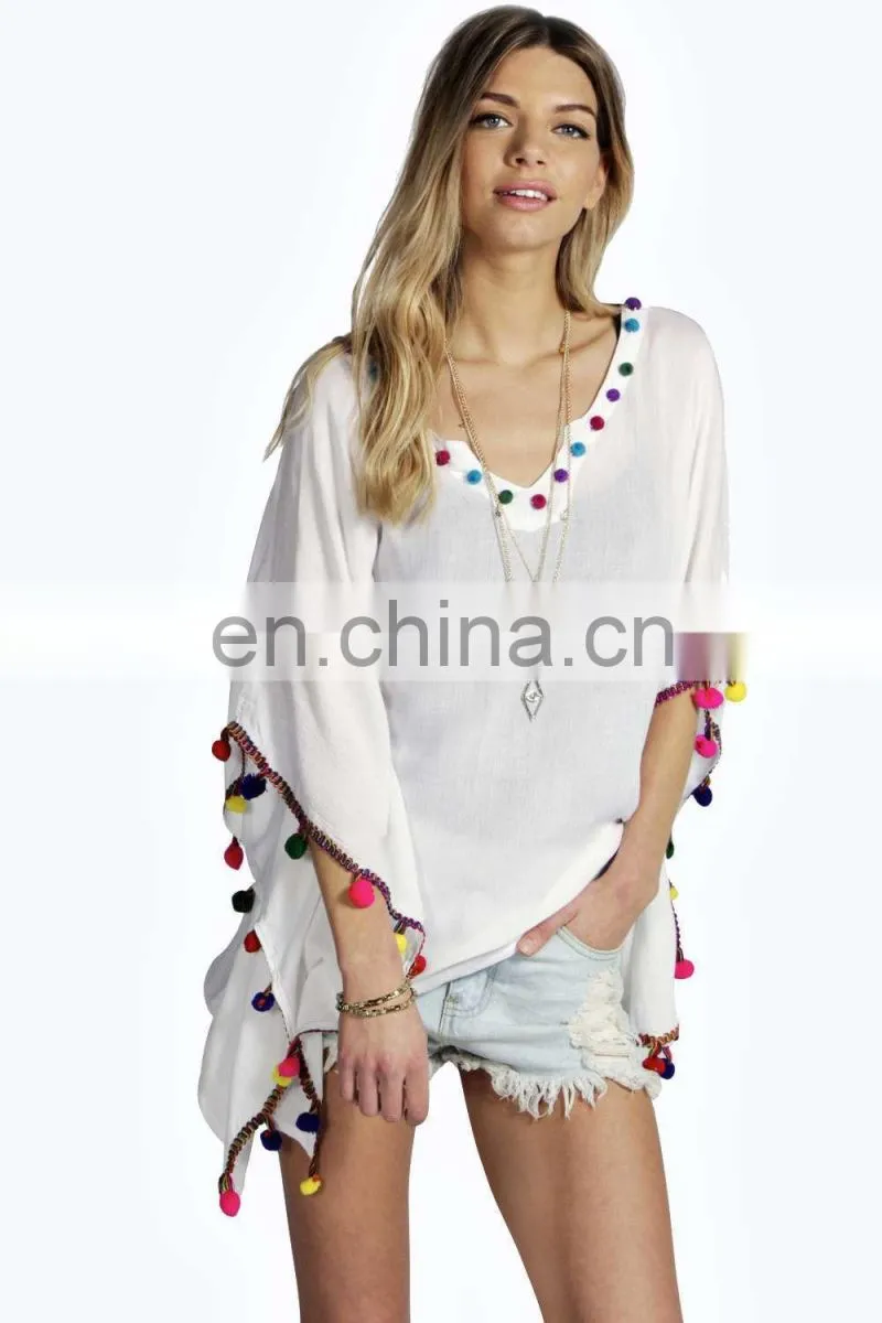 BRIGHT POM POM TRIM OVERSIZED TOP Slim Embroidered Poncho/ Short Kaftan For Women Summer Wear