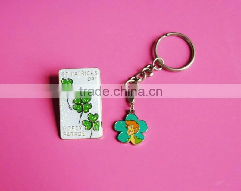 Lucky Clover ST Patrick Day Retangle Pin Badge with Glitter Powder