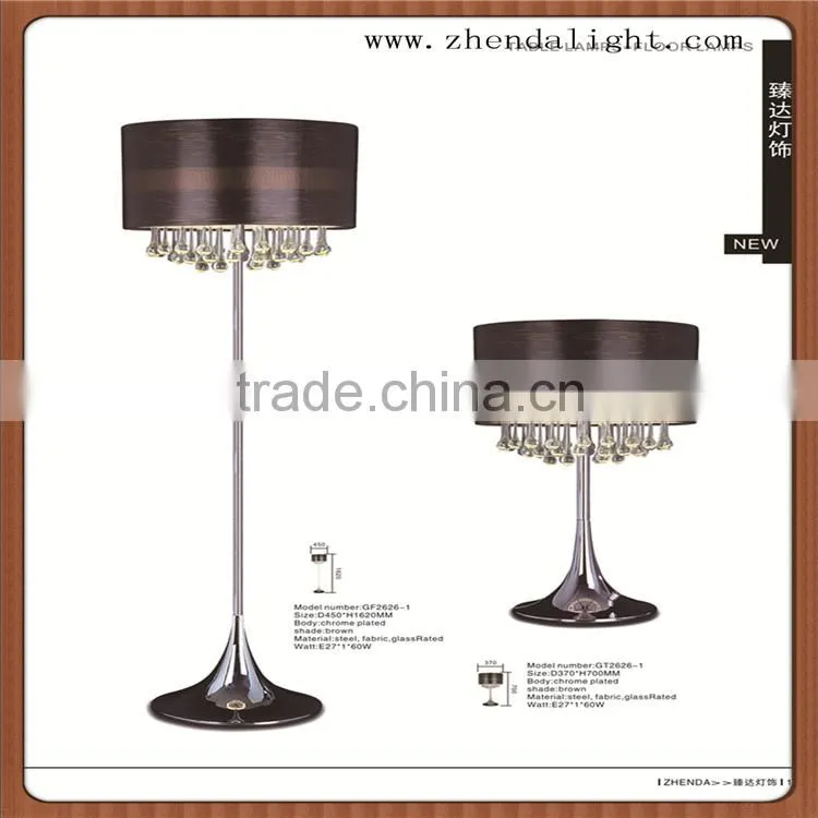 luxury style led glass table lamp with brown fabric shade and glass pendants