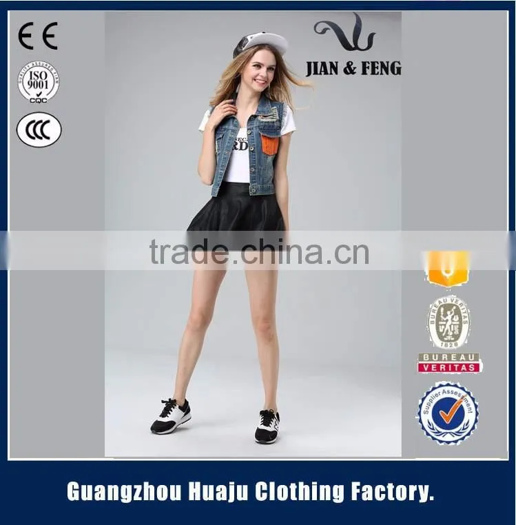 2016 Fashion blue short washed wholesale jean vest ladies denim vest