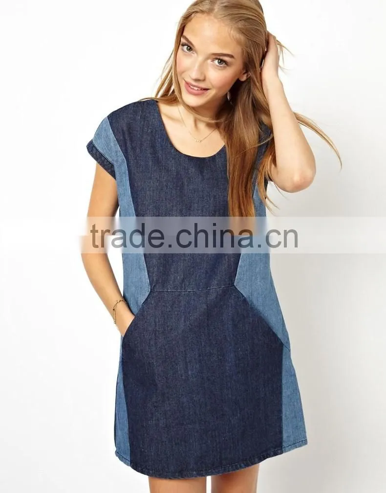 2015 fashion high quality fashion girls short sleeve loose denim dress with contrast color