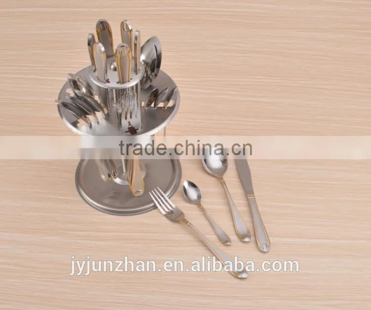Gold plated with sand blasting 24pcs cutlery sets with ss shelf and low price