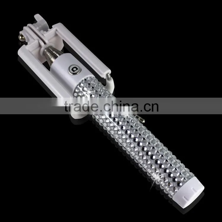 Fashion design bling selfie stick with cable, diamond monopod with OEM colors