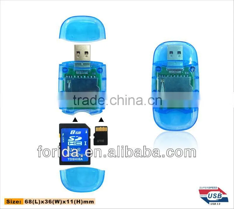 Two cap transparent SD and TF USB 3.0 card reader
