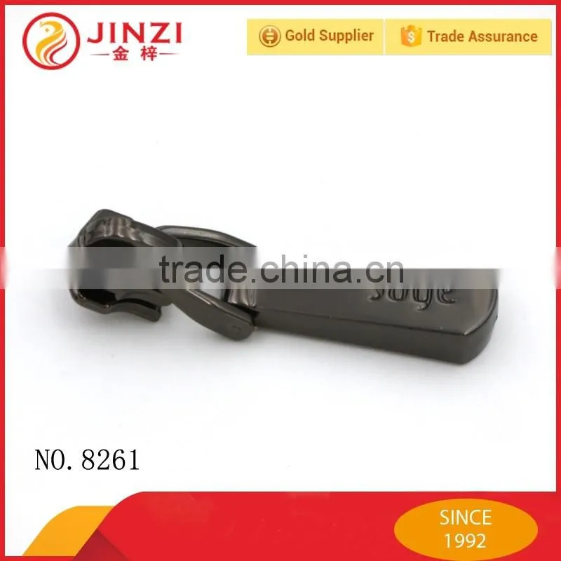 Professional ladies handbag metal parts,zinc alloy zipper puller with engraved logo