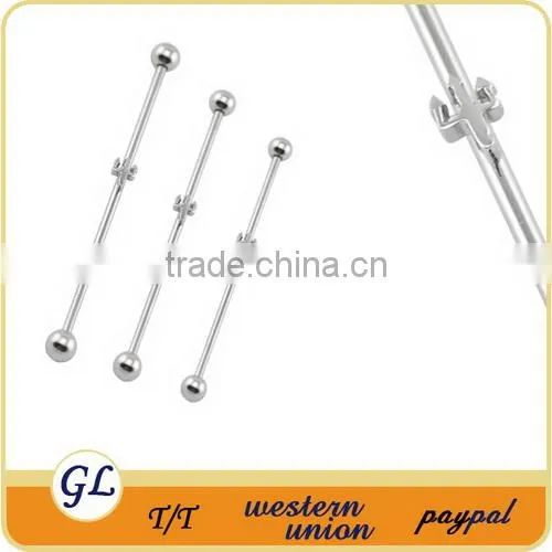 Silver color long industrial barbell piercing with lady logo