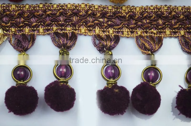 decoration fashion tassel fringe for curtain,polyester curtain pom pom tassel fringe