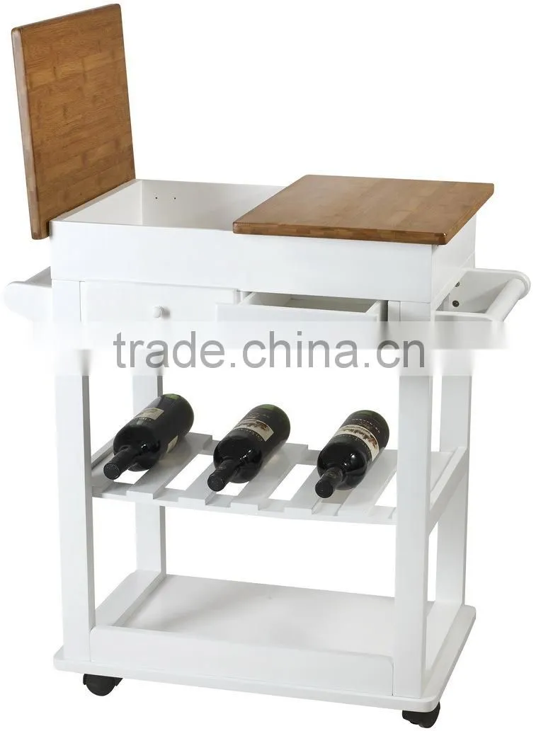 Modern Wooden Bamboo Kitchen Serving Trolley with Table Boards Drawers Wine Bottle Holder Rack Shelf and Pushing Handles Casters