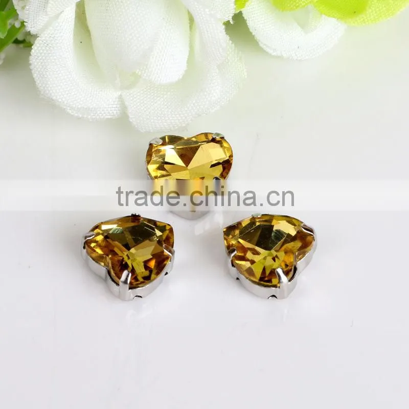 Best selling 14mm blue zircon color heart shape pointback sew on stone with base setting