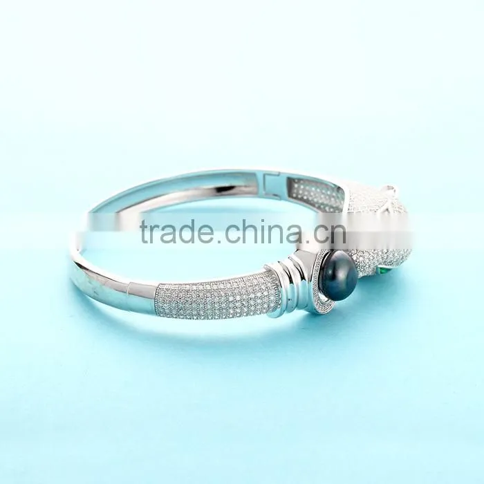 925 Silver Men Lion Head Black Pearl Wholesale Expandable Bangle Bracelet SBG735W