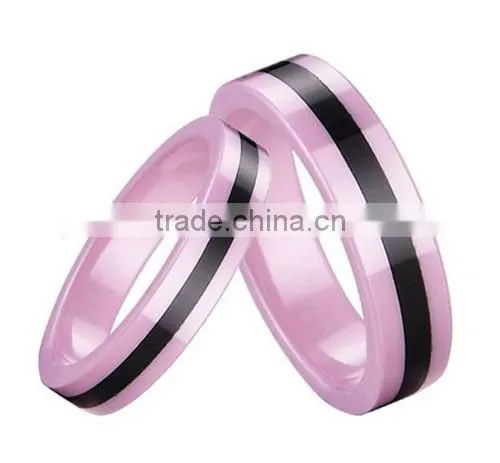 New Women's Pink Ceramic Wedding Band Ring, Pink Ceramic Ring with Black Resin Inlay