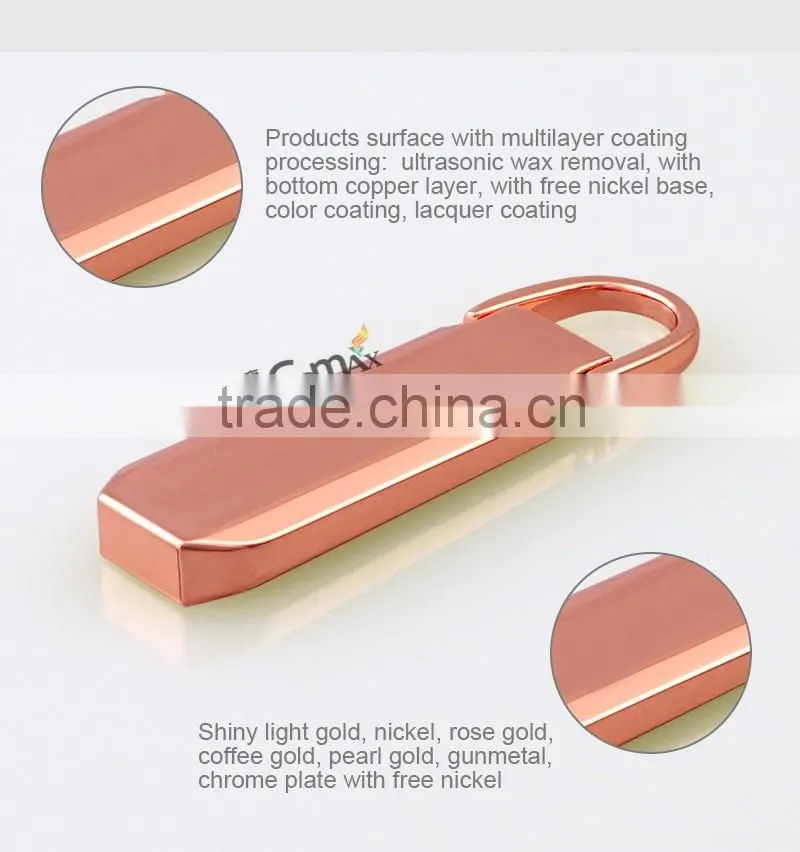 Rose gold metal locking zipper slider for handbag