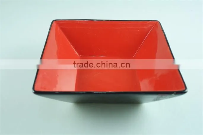 Square japanese noodle bowl red & black ceramic stoneware, large ceramic salad bowls japanese style