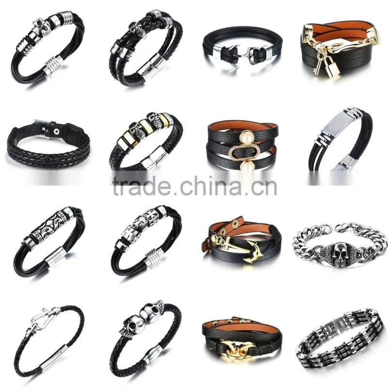 Men Stainless Steel Wolf bracelet , Braided Black Leather Bracelet