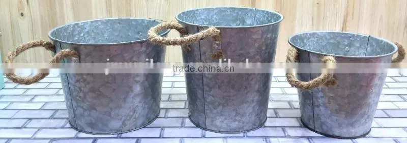 Retro design oval galvanized iron flower pot metal garden planter pot with double handles