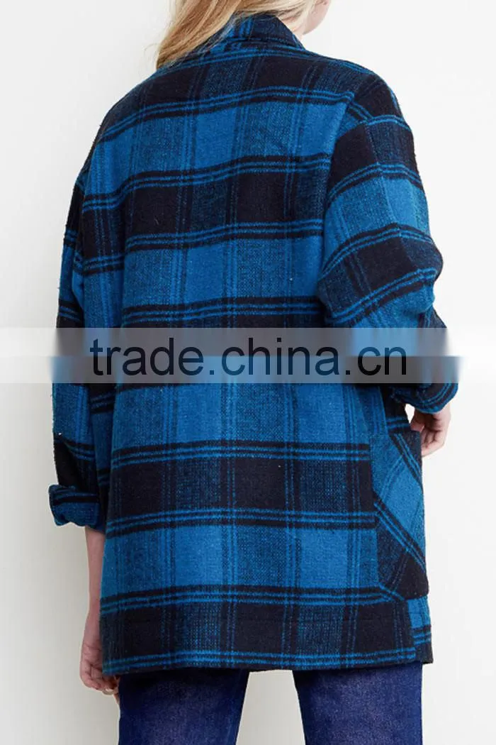 No Zipper Classic Women Winter Jacket 100% Polyetser Plaid Woven Flannel Boxy Jacket