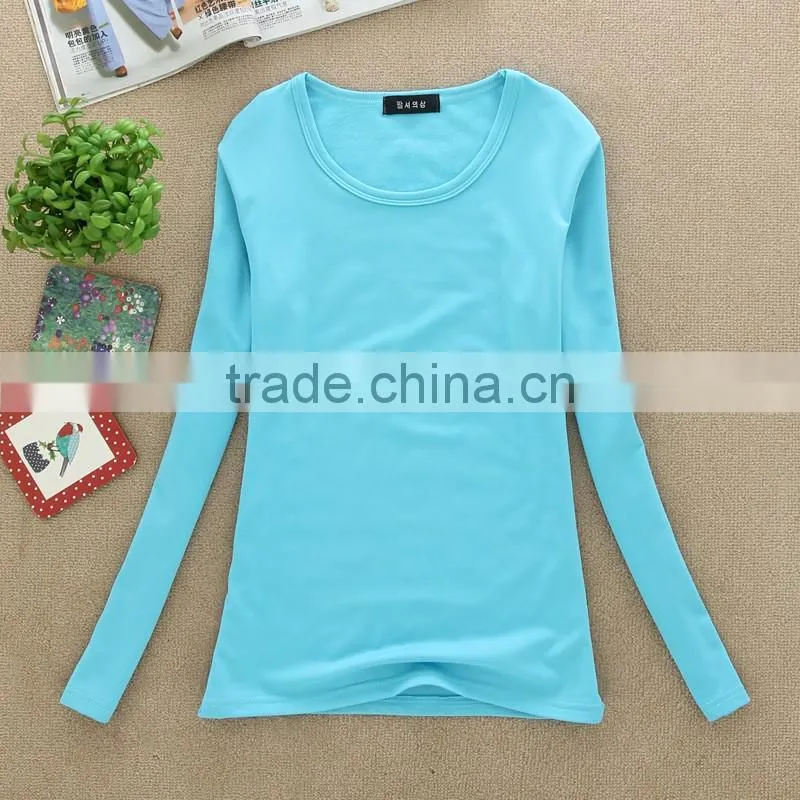 Lady fashion 100%cotton top plain women long sleeve t shirt