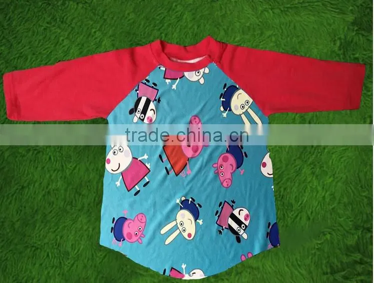 Hot ! Raglan 3/4 sleeve prints shirt baby girl clothes ruffle cotton 0-14 T fall printing wholesale children girl raglan shirt