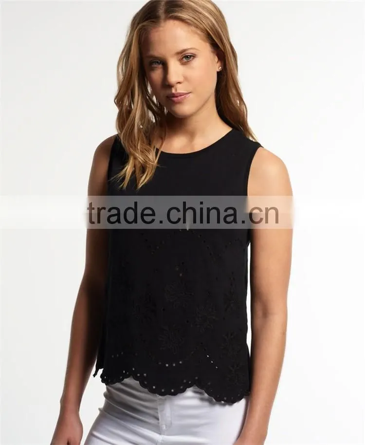 2017 China Shandao High Quality New Fashion Model Sleeveless White Round Neck Cotton Girls Cool Summer Tops