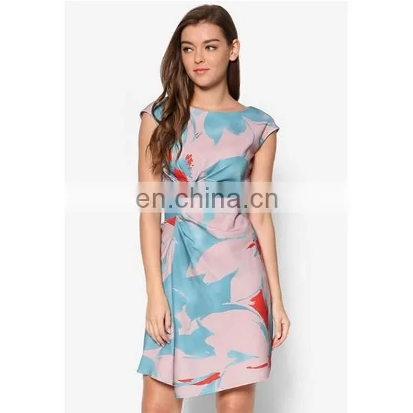 Latest women clothing high quality cap sleeve print side ruched dresses for women