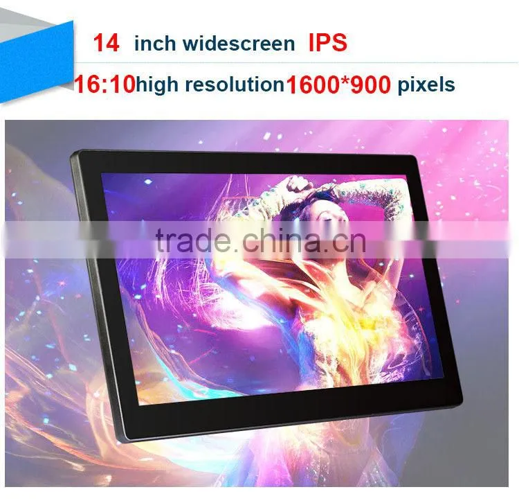 14 inch digital photo frame widescreen IPS panel 1600*900 16:9,photo , music video playback, Full HD,AV in, VESA for hanging