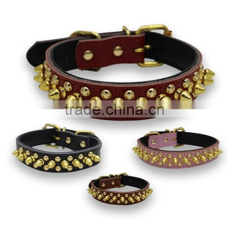 Wholesale gold leather warhead pet collar litchi grain dog collar