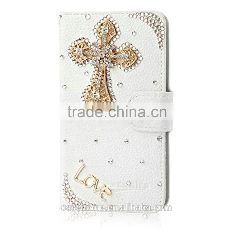 New Fashion Bling Crystal Diamonds Pearls PU leather flip stand wallet case cover for iphone6s