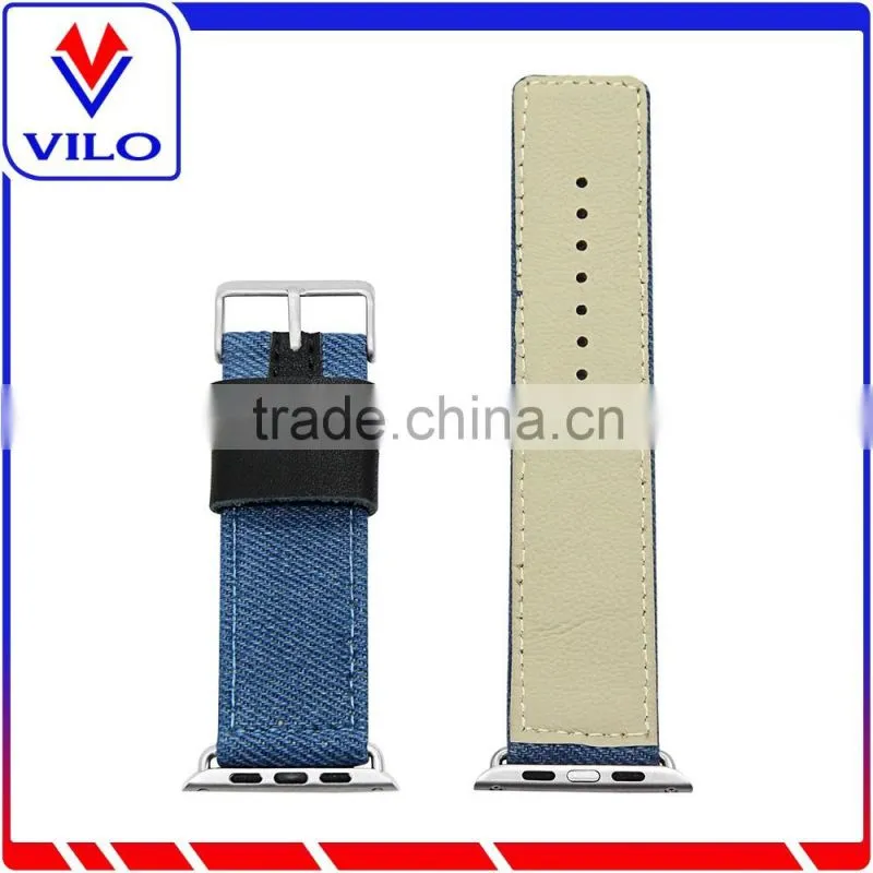 Canvas Fabric Genuine Leather Smart Watch Band Replacement Strap With Adapter Metal Clasp for Apple Watch 38mm 42mm